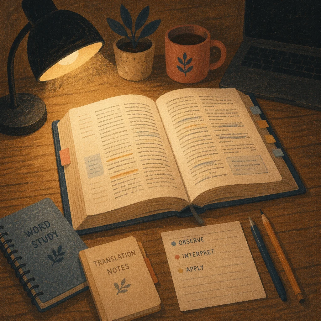 Bible Translation Study Desk Under Lamp