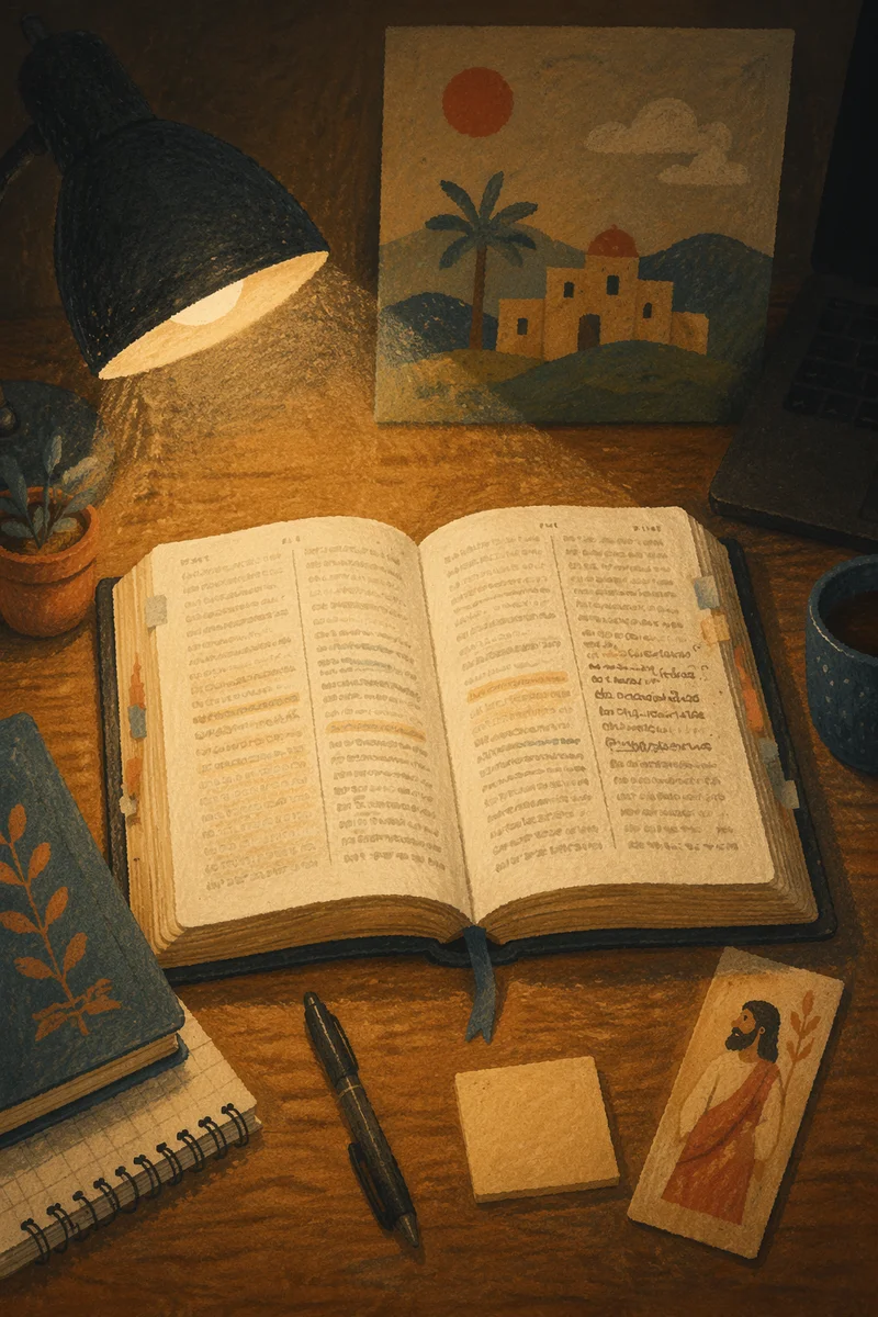 Bible Translation Study Under Warm Desk Lamp
