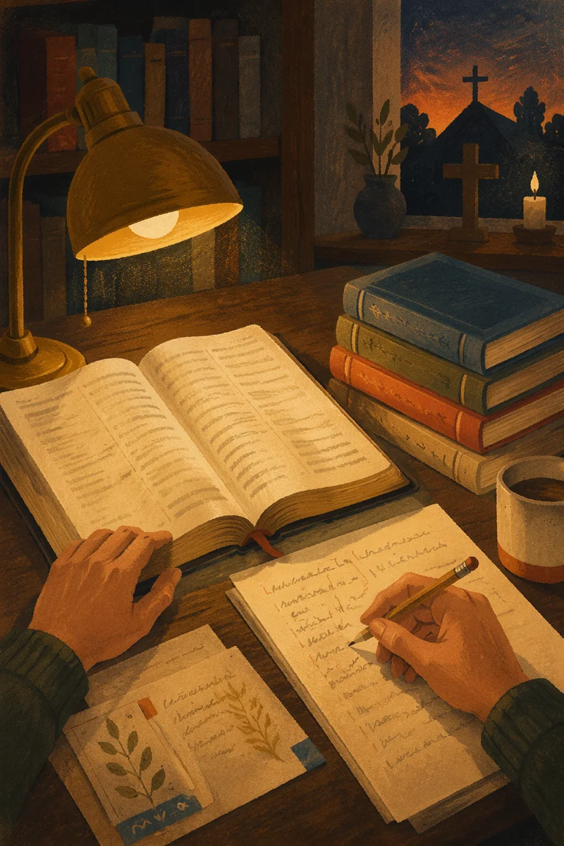 Bible Translation Study Desk at Dusk