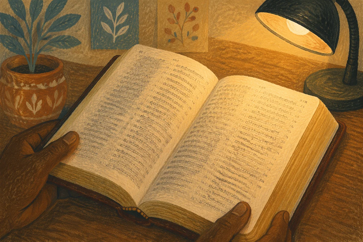 Bible Translation Study Under Warm Lamp