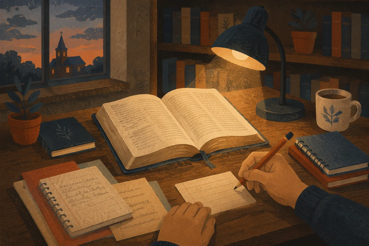 Bible Translation Study Under Desk Lamp