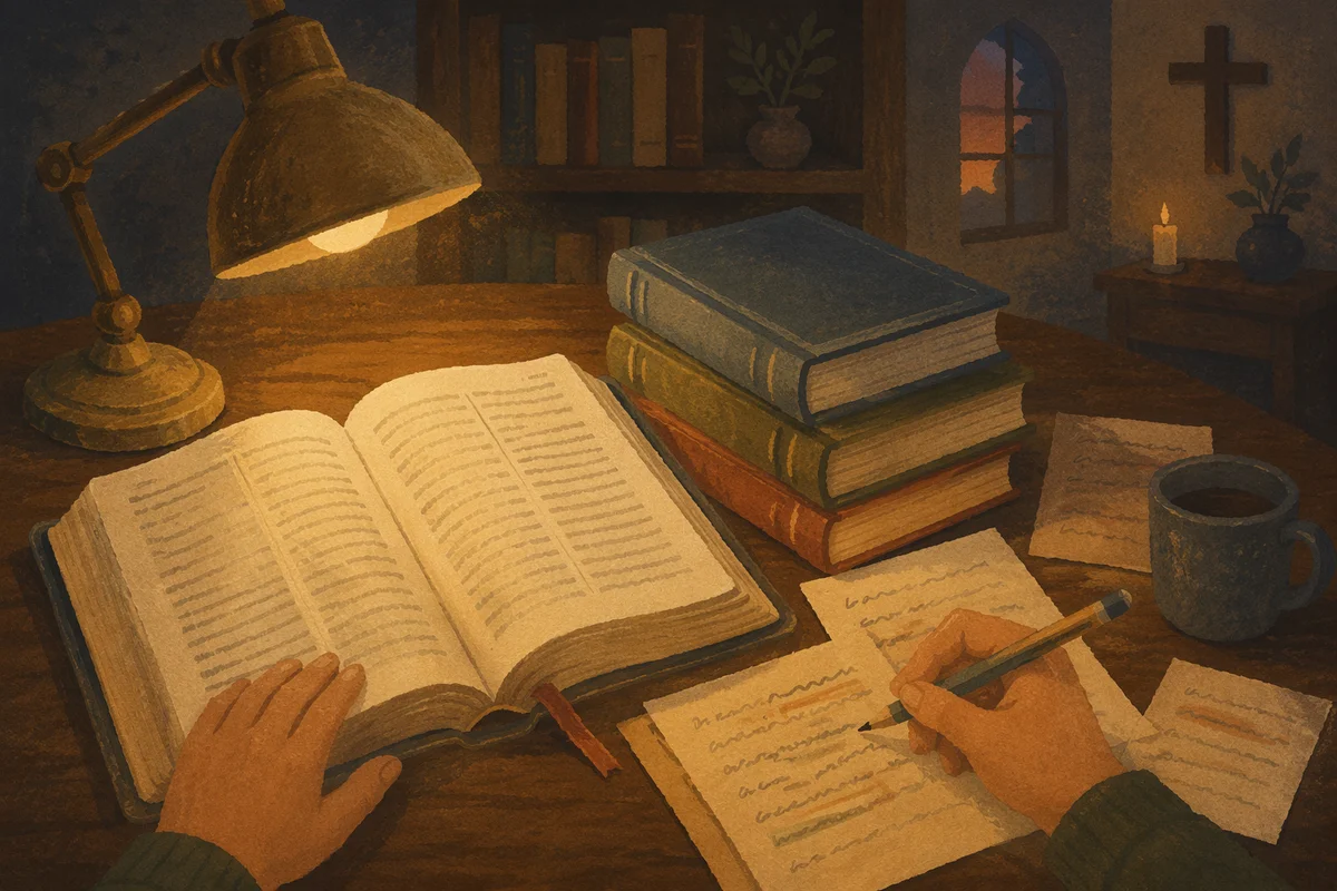 Bible Translation Study Desk at Dusk