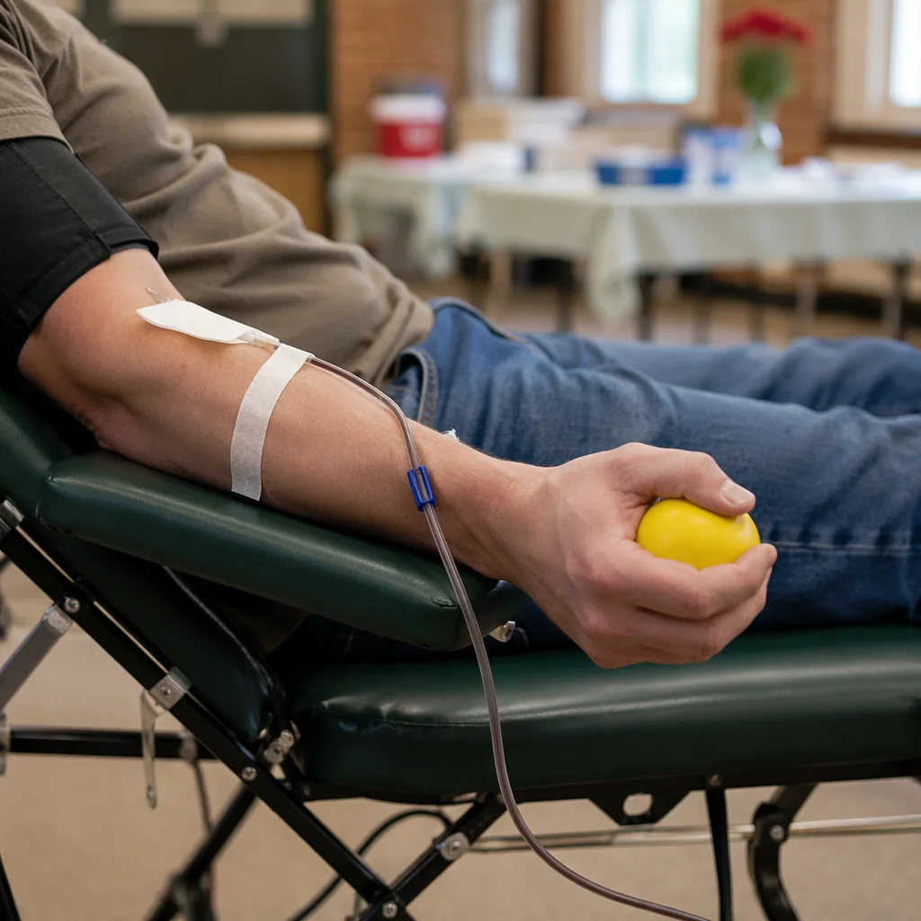 Church Blood Donation Drive Close-Up Scene