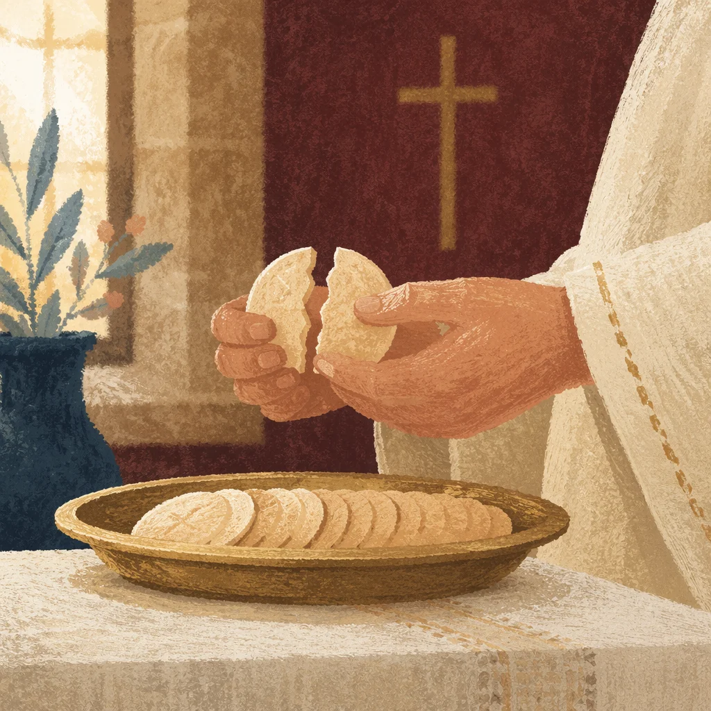 Breaking Communion Bread in Reverent Chapel Light