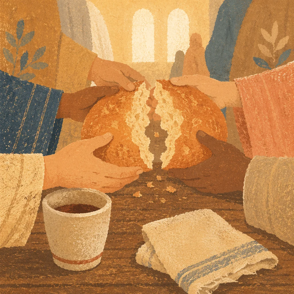 Hands Breaking Communion Bread in Chapel