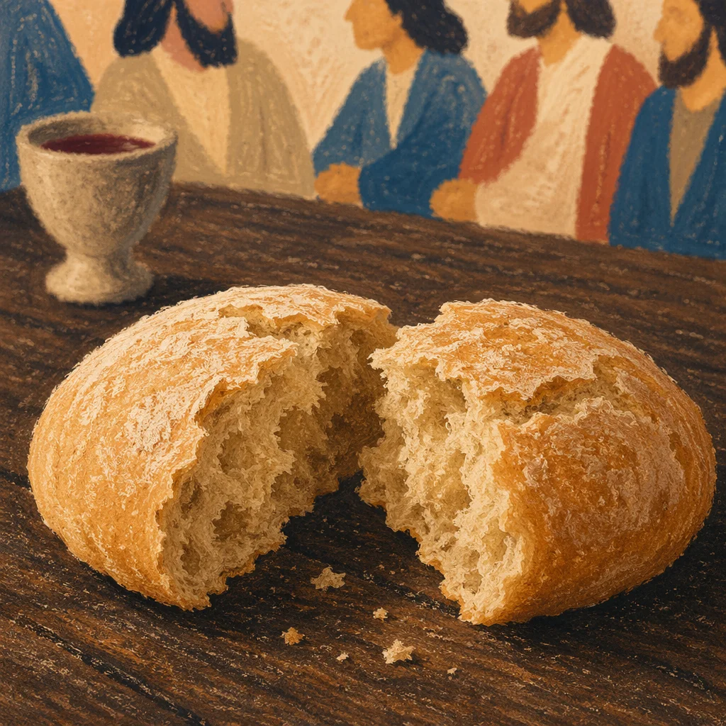 Broken Communion Bread on Wooden Table