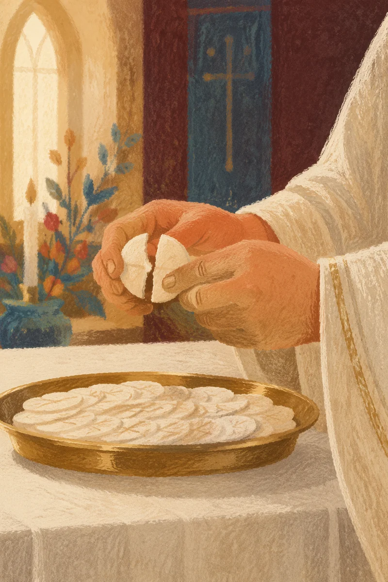 Reverent Hands Breaking Communion Bread