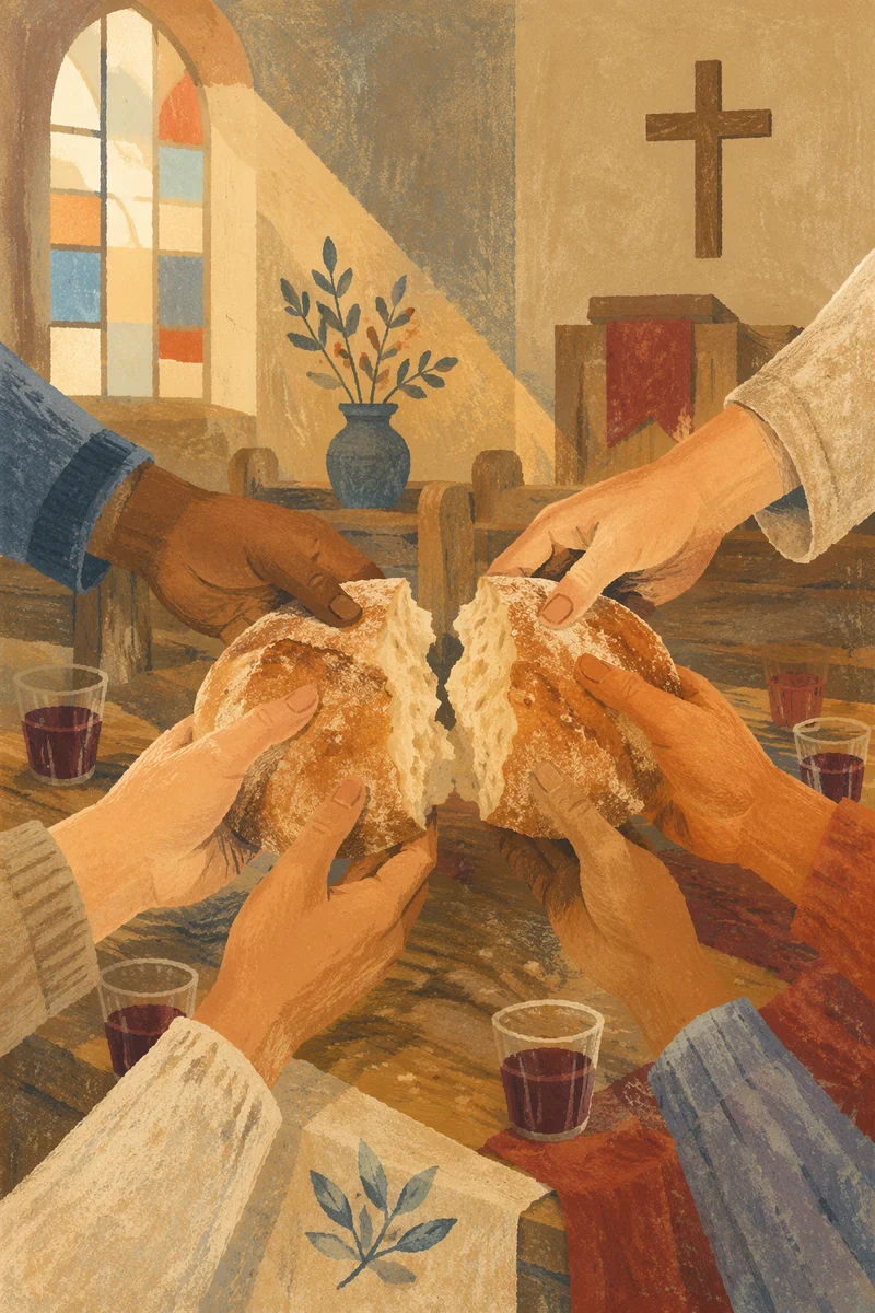 Hands Breaking Communion Bread in Church
