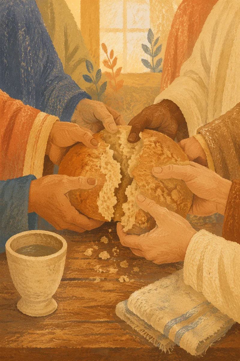 Hands Breaking Communion Bread in Chapel