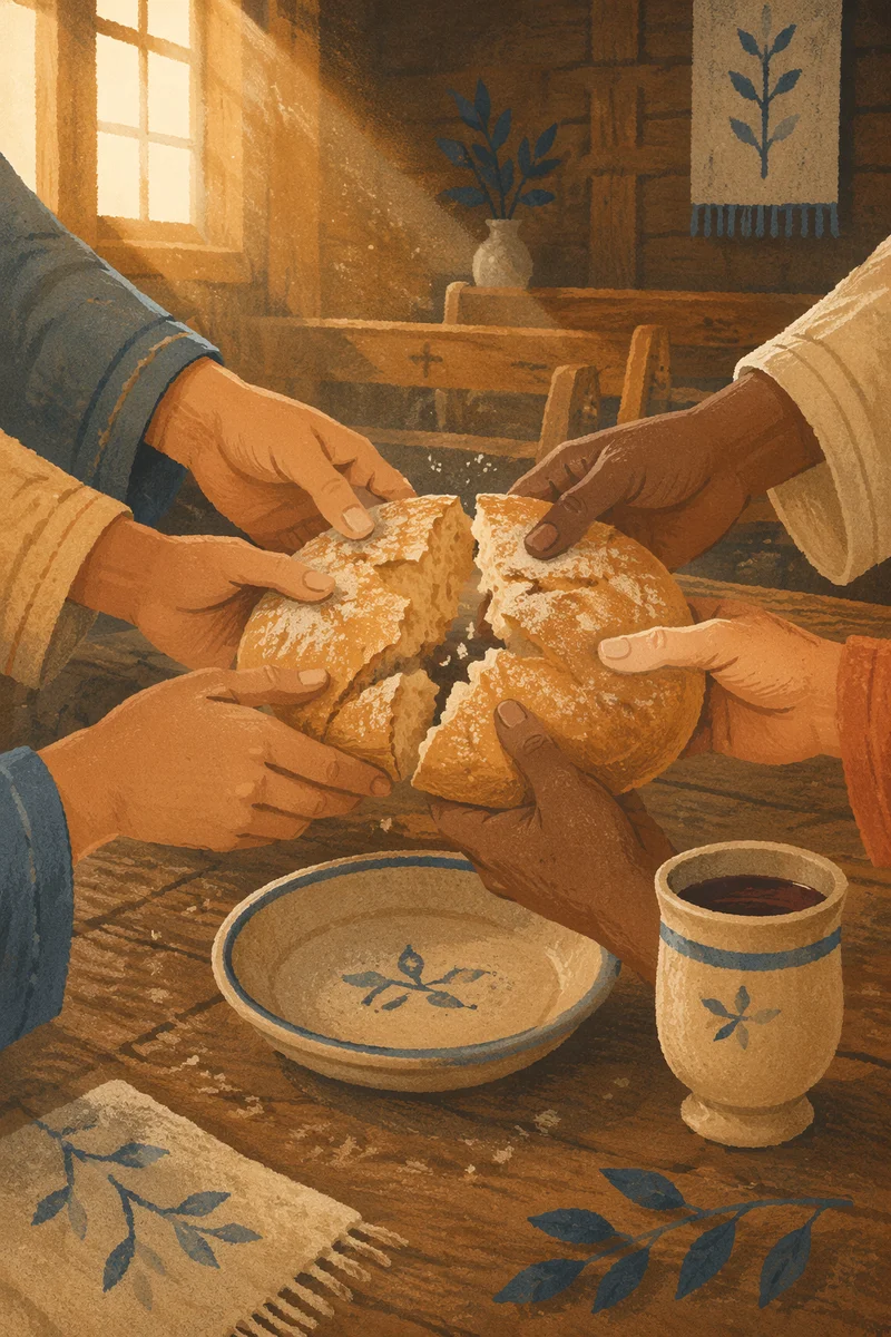 Communion Bread Shared in Wooden Chapel
