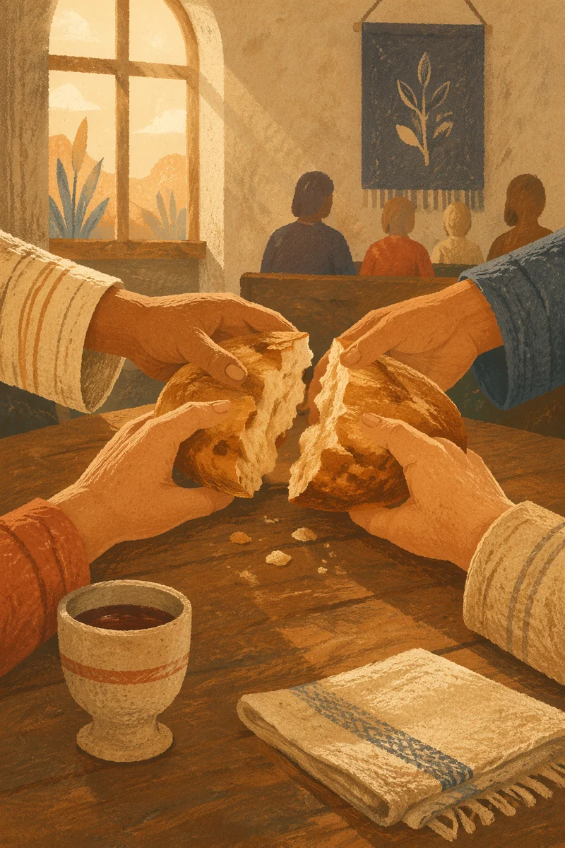 Hands Breaking Bread at Communion Table