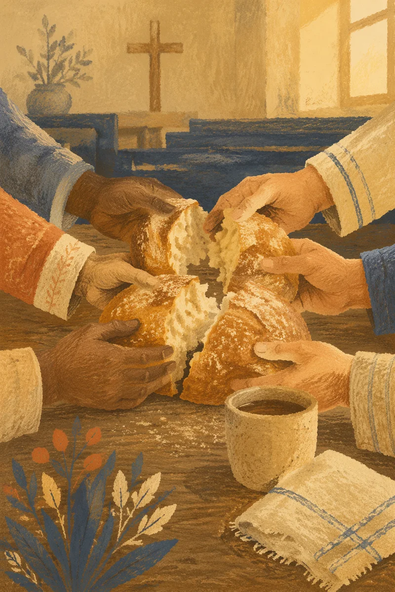 Hands Breaking Bread at Communion Table
