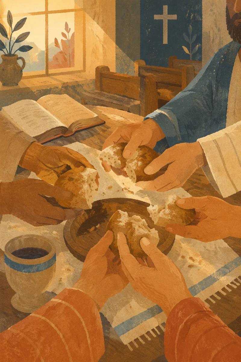 Communion Hands Breaking Bread in Chapel
