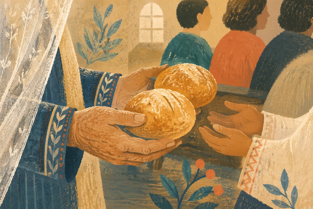 Breaking Bread Together in Communion Close-Up