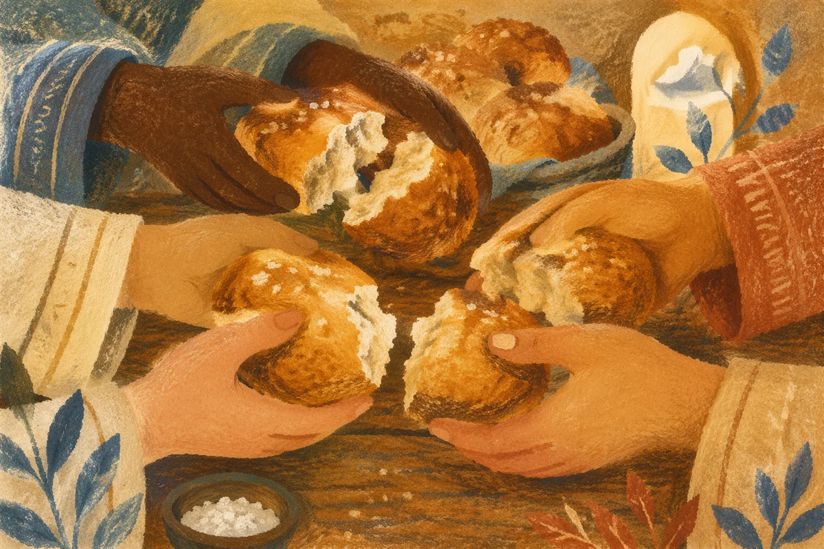 Communion Bread Shared by Diverse Hands