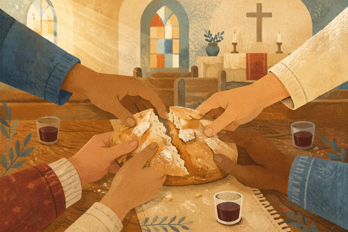 Hands Breaking Communion Bread in Church