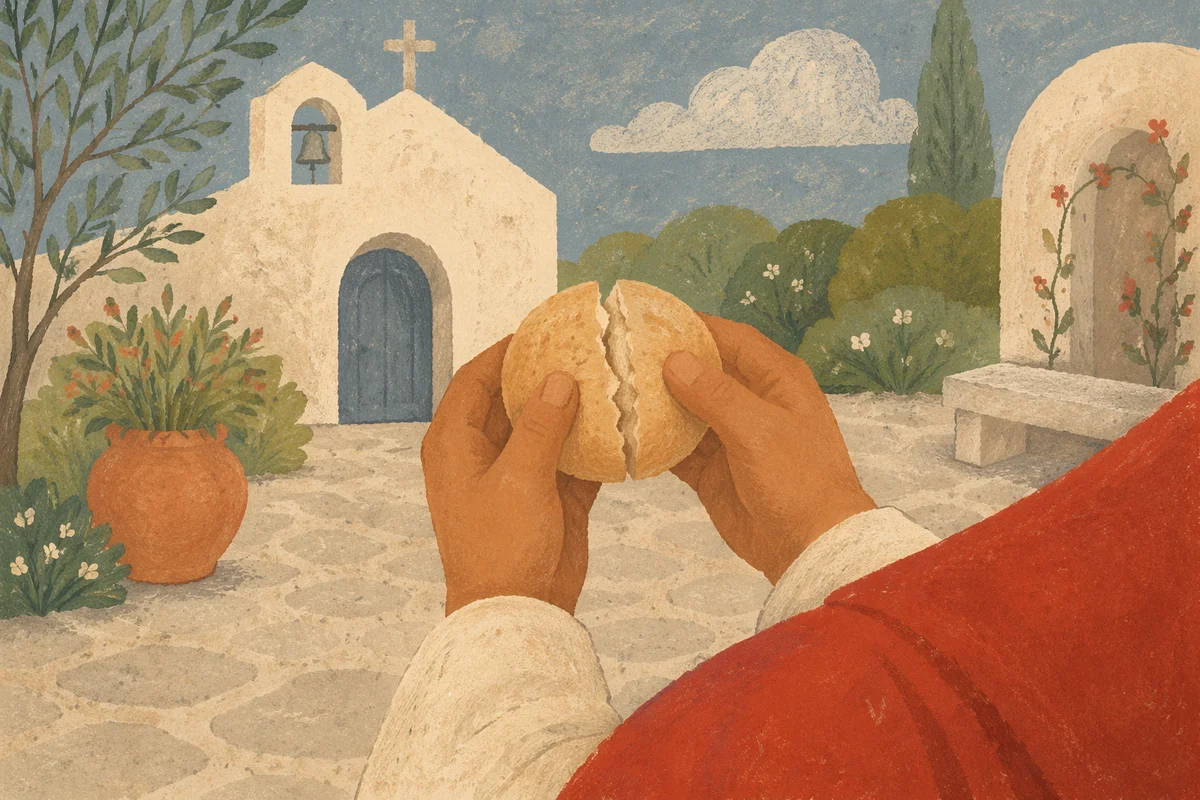 Hands Breaking Communion Bread in Courtyard