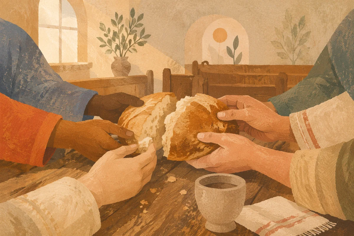 Breaking Bread Communion Around Wooden Chapel Table