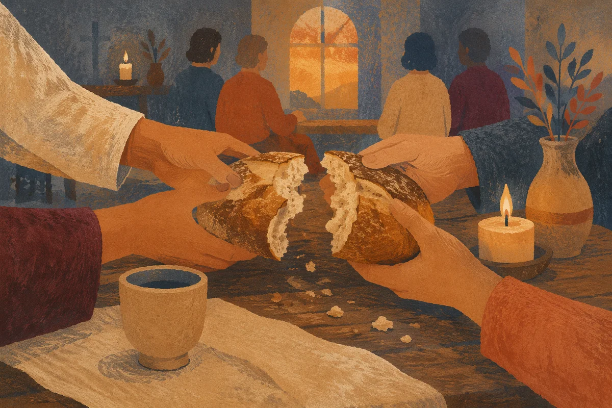 Hands Breaking Communion Bread in Warm Chapel