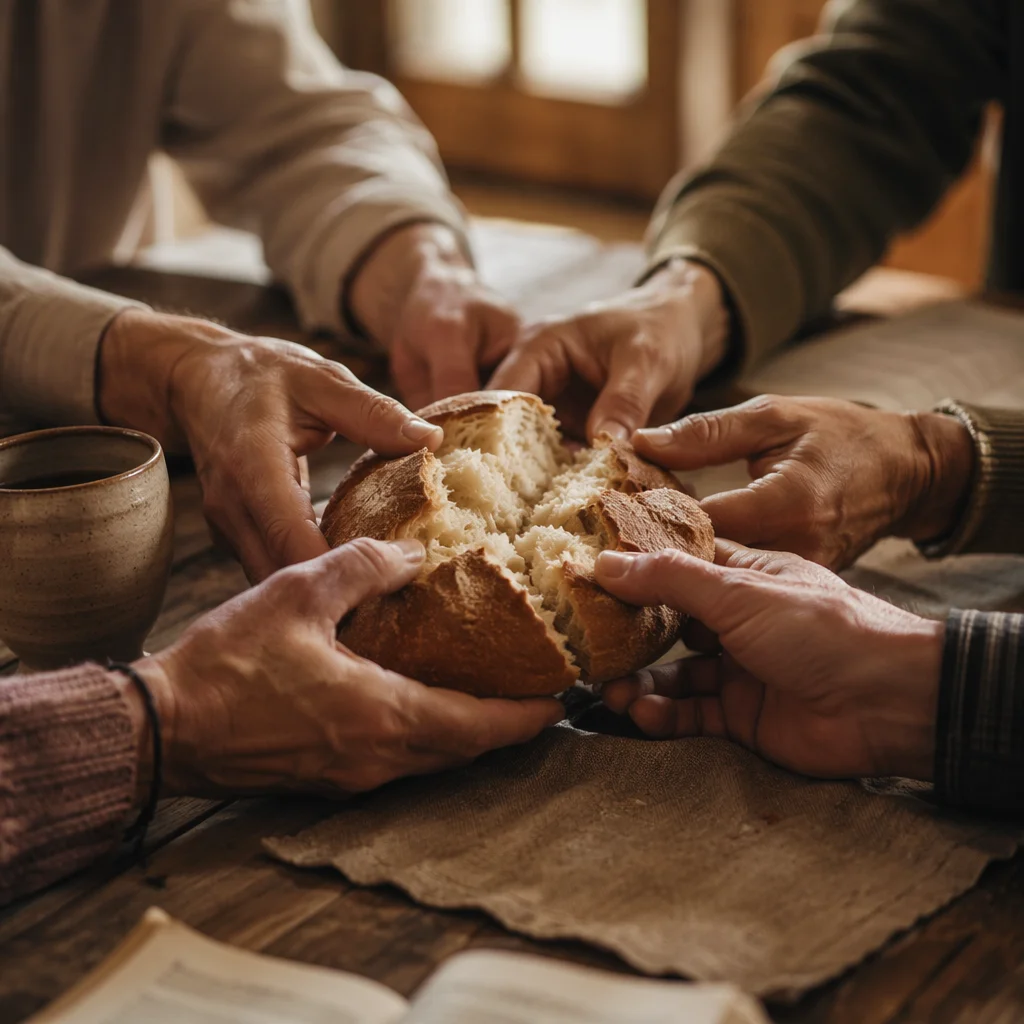 Hands Breaking Bread in Quiet Communion