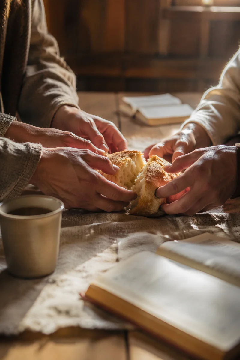 Communion Bread Shared in Wooden Chapel