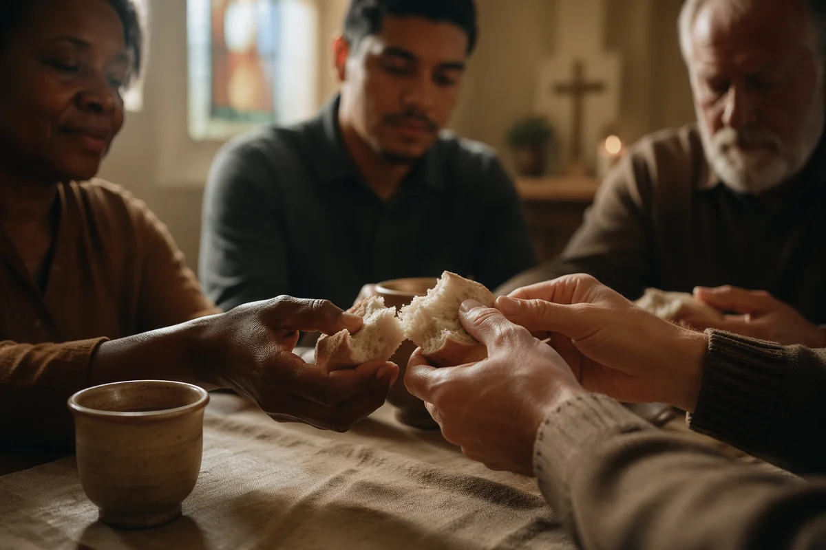 Hands Sharing Torn Bread at Table