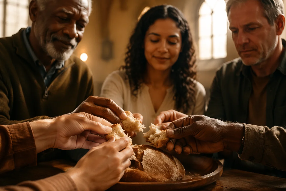 Hands Breaking Communion Bread in Church