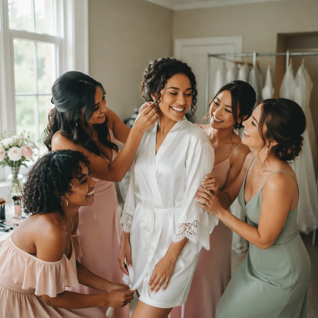 Bride and Bridesmaids Getting Ready Together