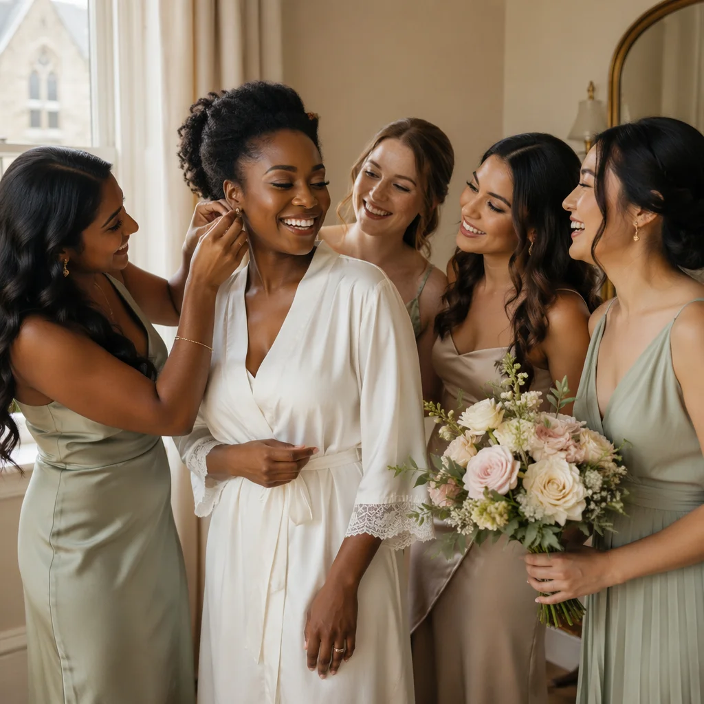 Bride Laughing with Bridesmaids by Window