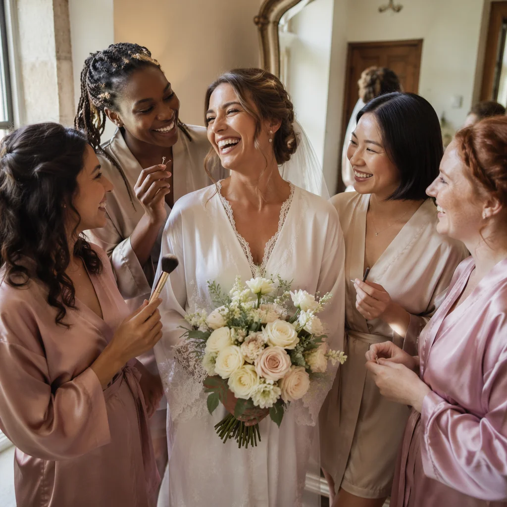 Bride and Bridesmaids Laughing While Getting Ready
