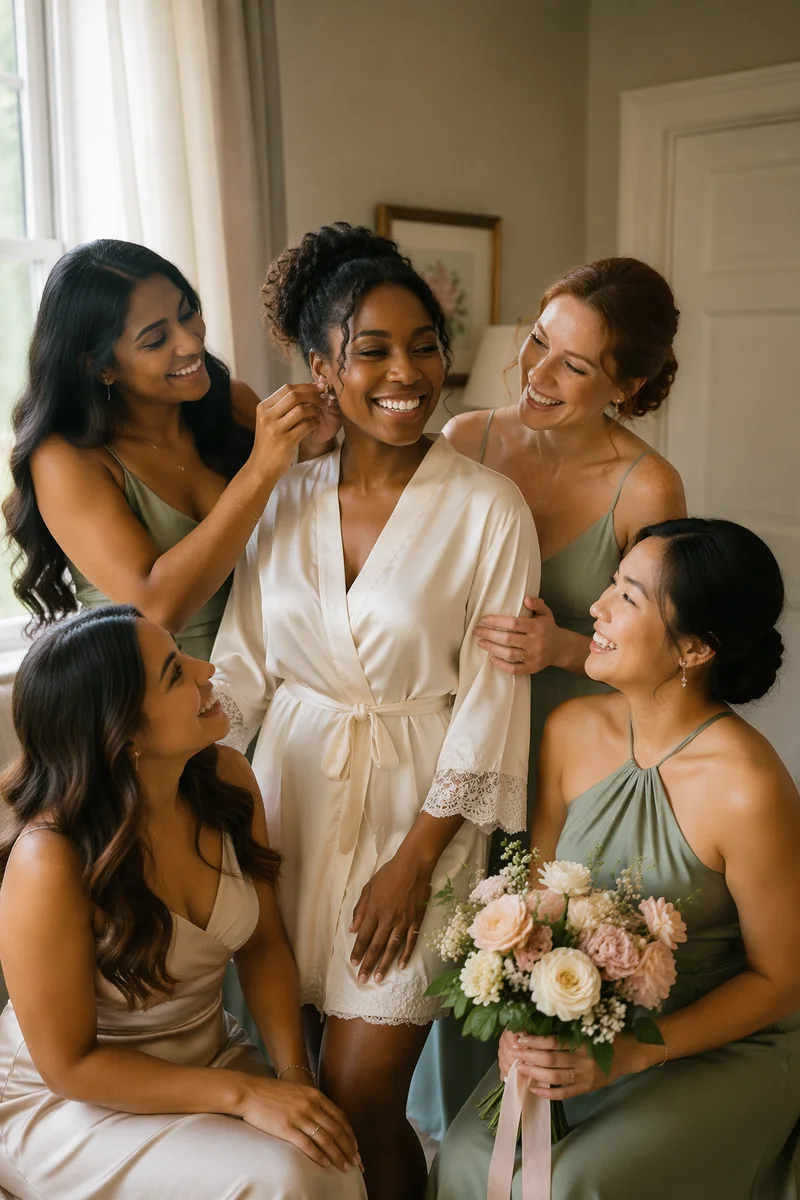 Bride and Bridesmaids Getting Ready Together