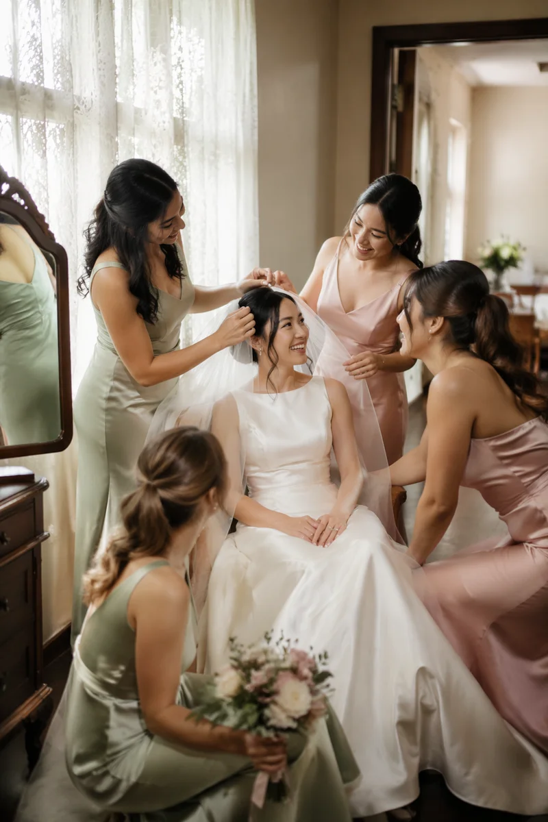 Bride and Bridesmaids Getting Ready Together