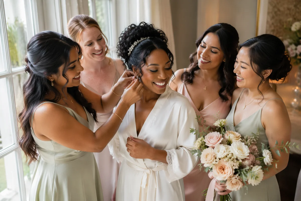 Bride and Bridesmaids Getting Ready Together