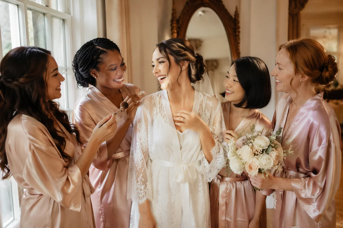 Bride Laughing with Bridesmaids by Window