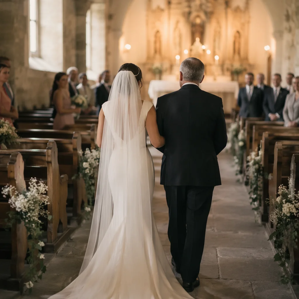 Bride Walking with Father in Chapel