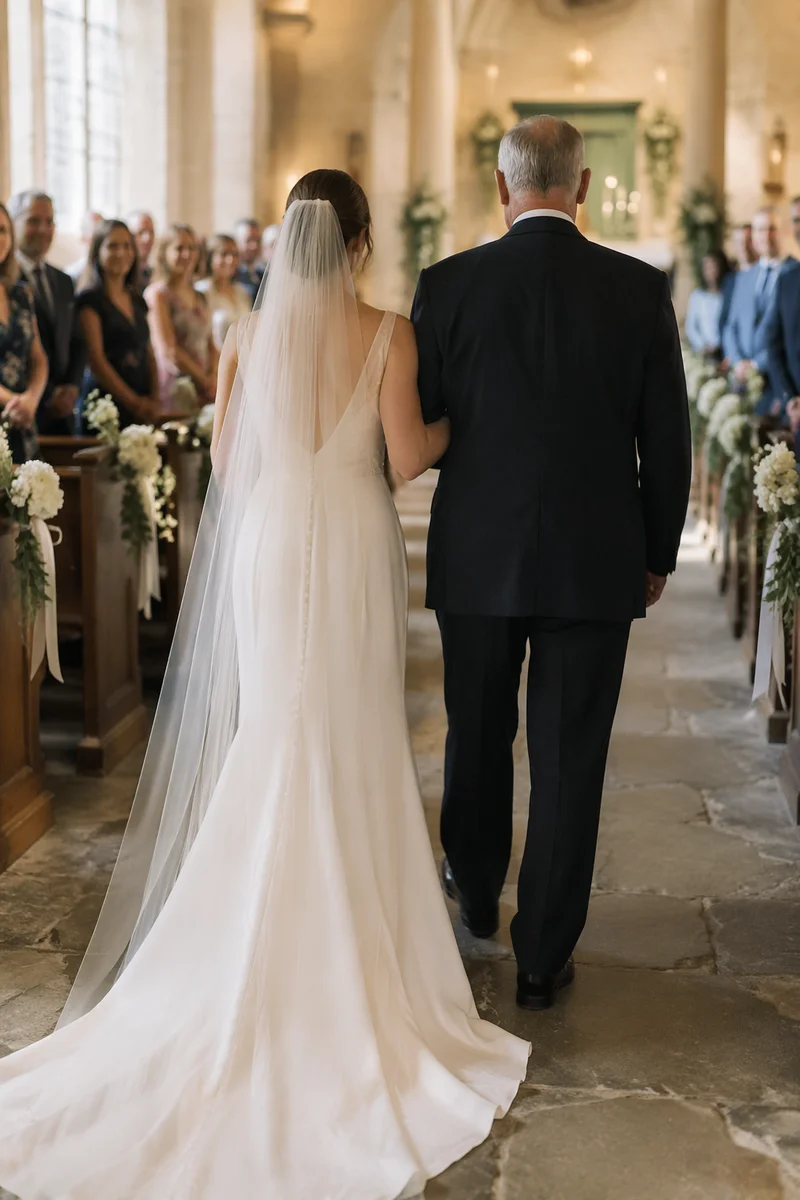Bride Walking with Father in Chapel