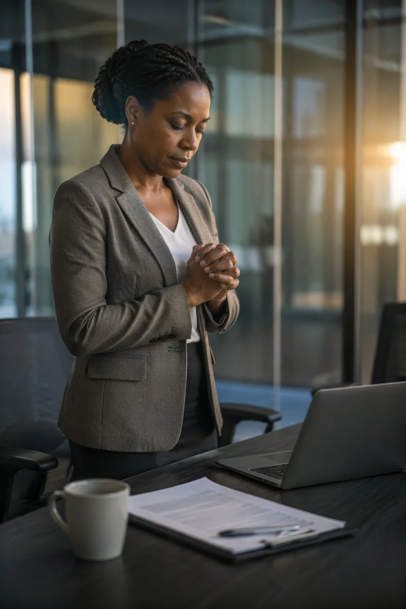 Businesswoman Praying in Modern Office Meeting Room