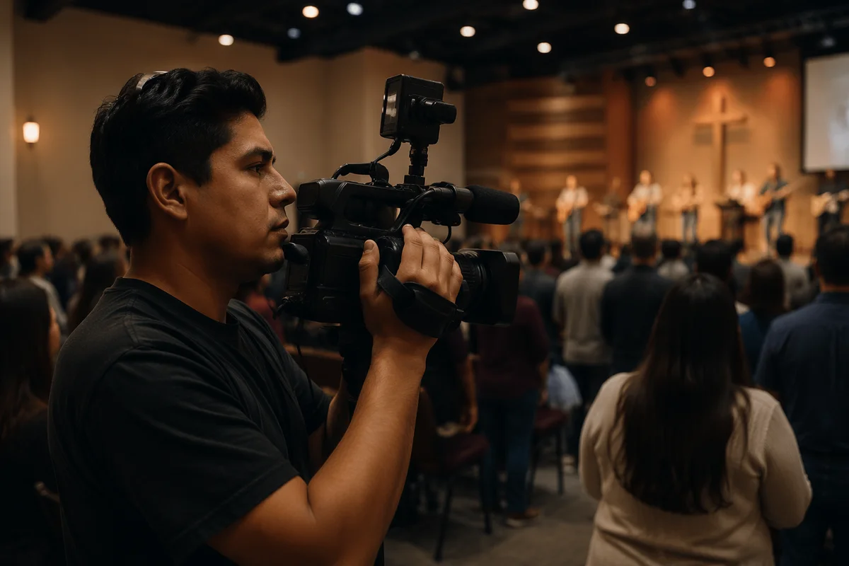 Camera Operator Filming Church Service Indoors