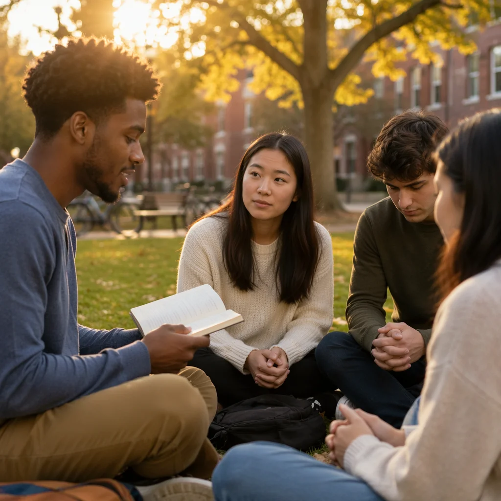 University Students Praying on Campus Lawn
