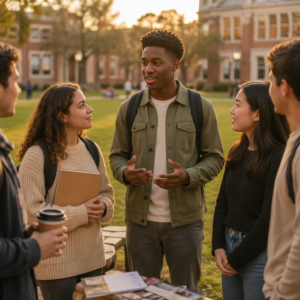 College Students Talking on University Lawn