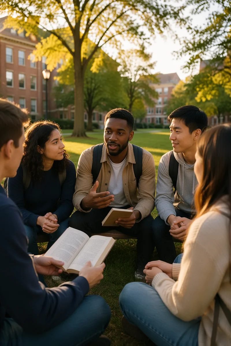 College Students Talking on Campus Lawn