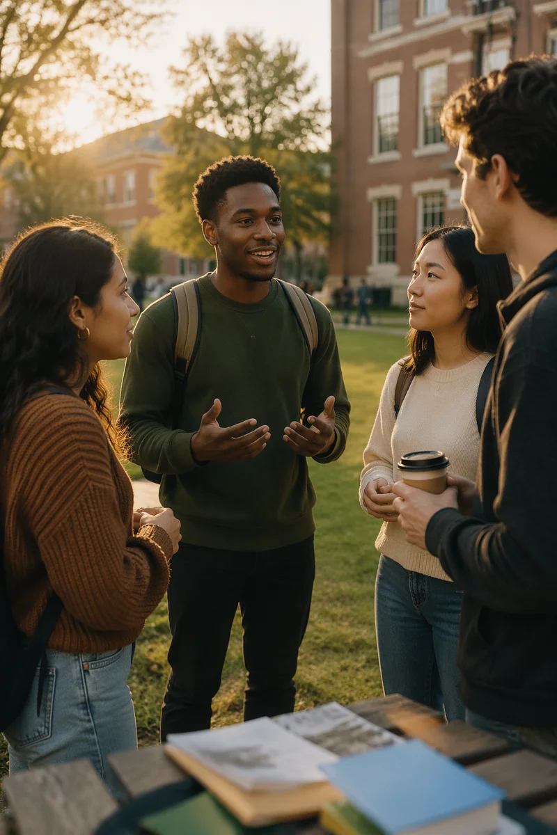 College Students Talking on University Lawn