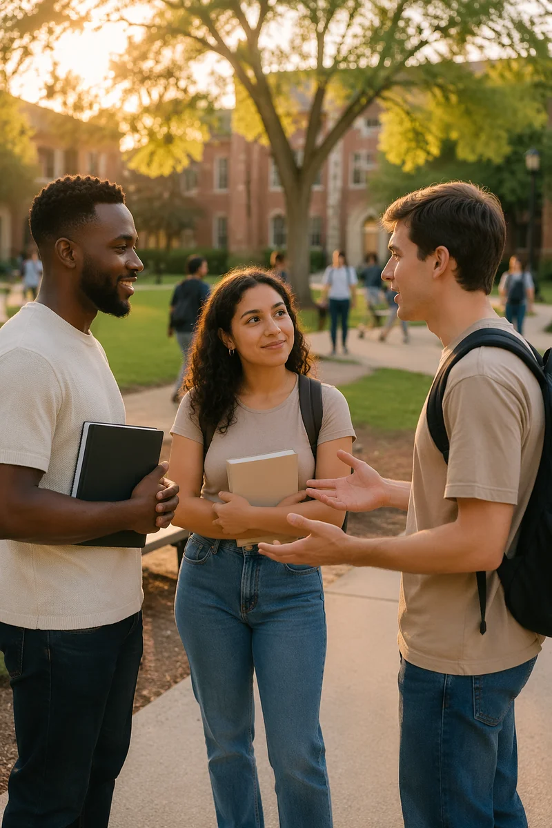 College Students Talking on Campus Lawn