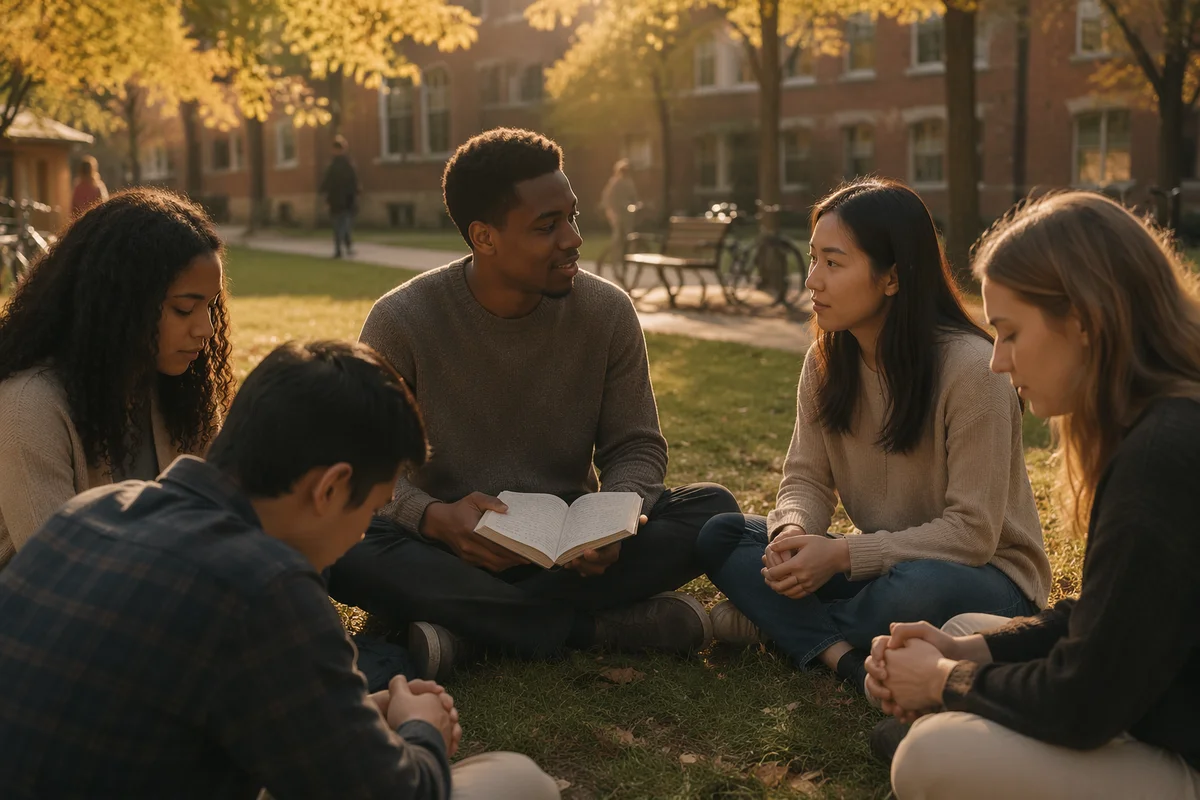 Students Praying on Campus at Sunset