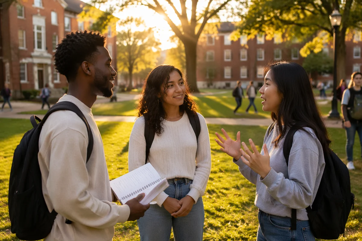 College Students Talking on University Lawn