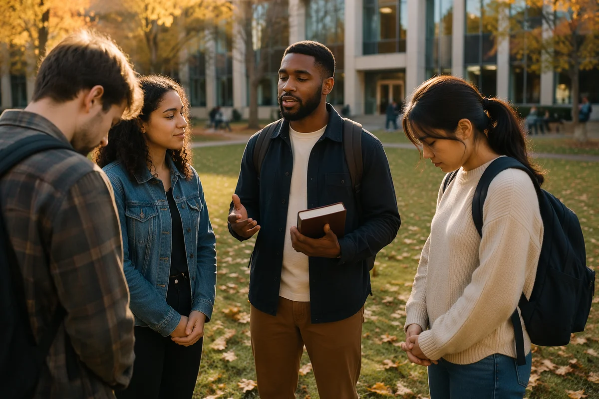 College Students Praying on Campus Lawn