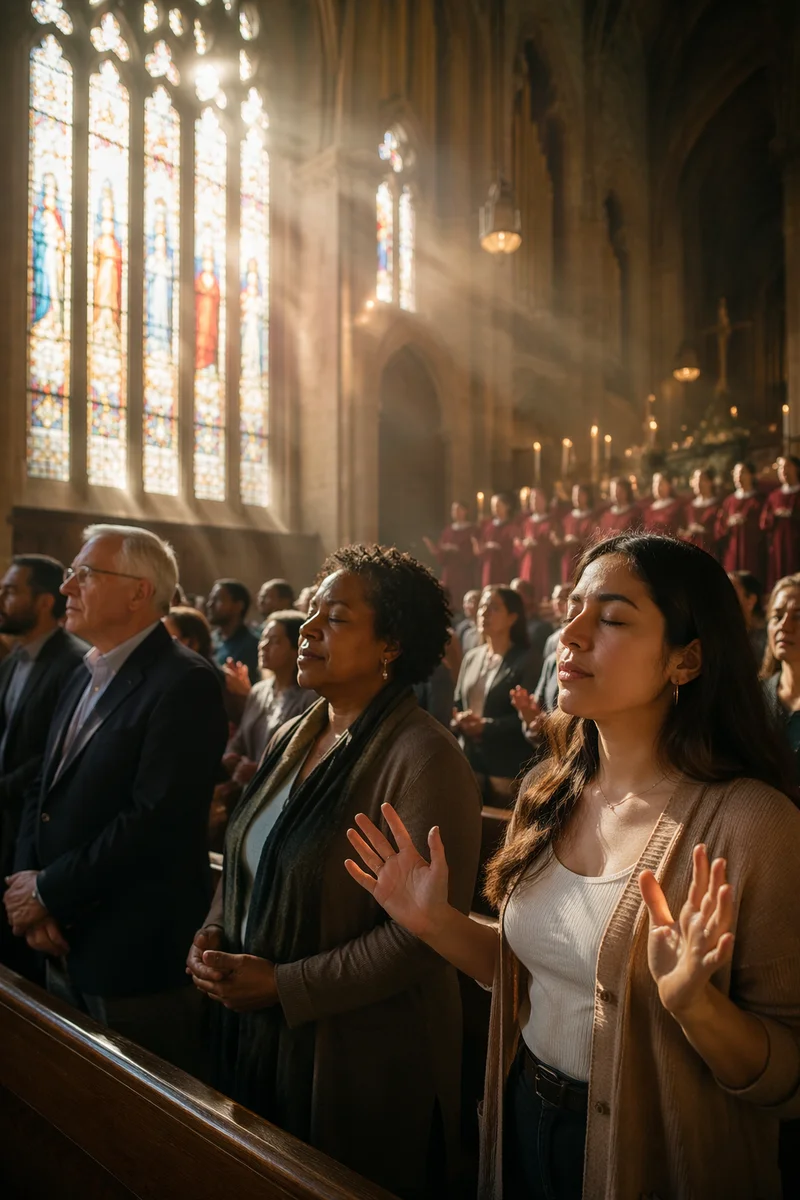 Worship Service in Sunlit Cathedral Interior