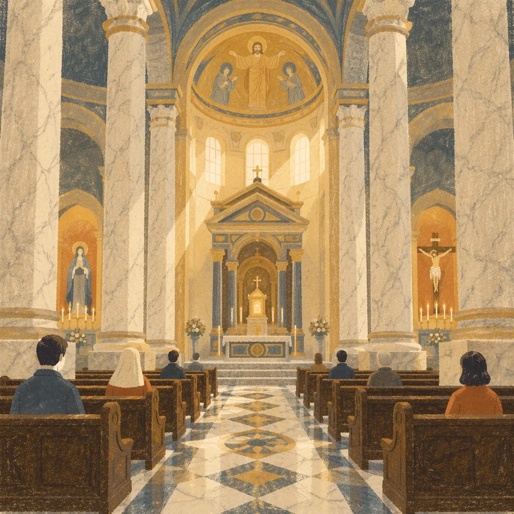 Grand Catholic Basilica Interior with Marble Columns