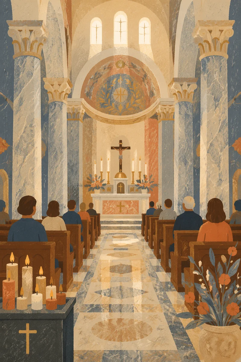 Peaceful Catholic Basilica Interior with Marble Columns