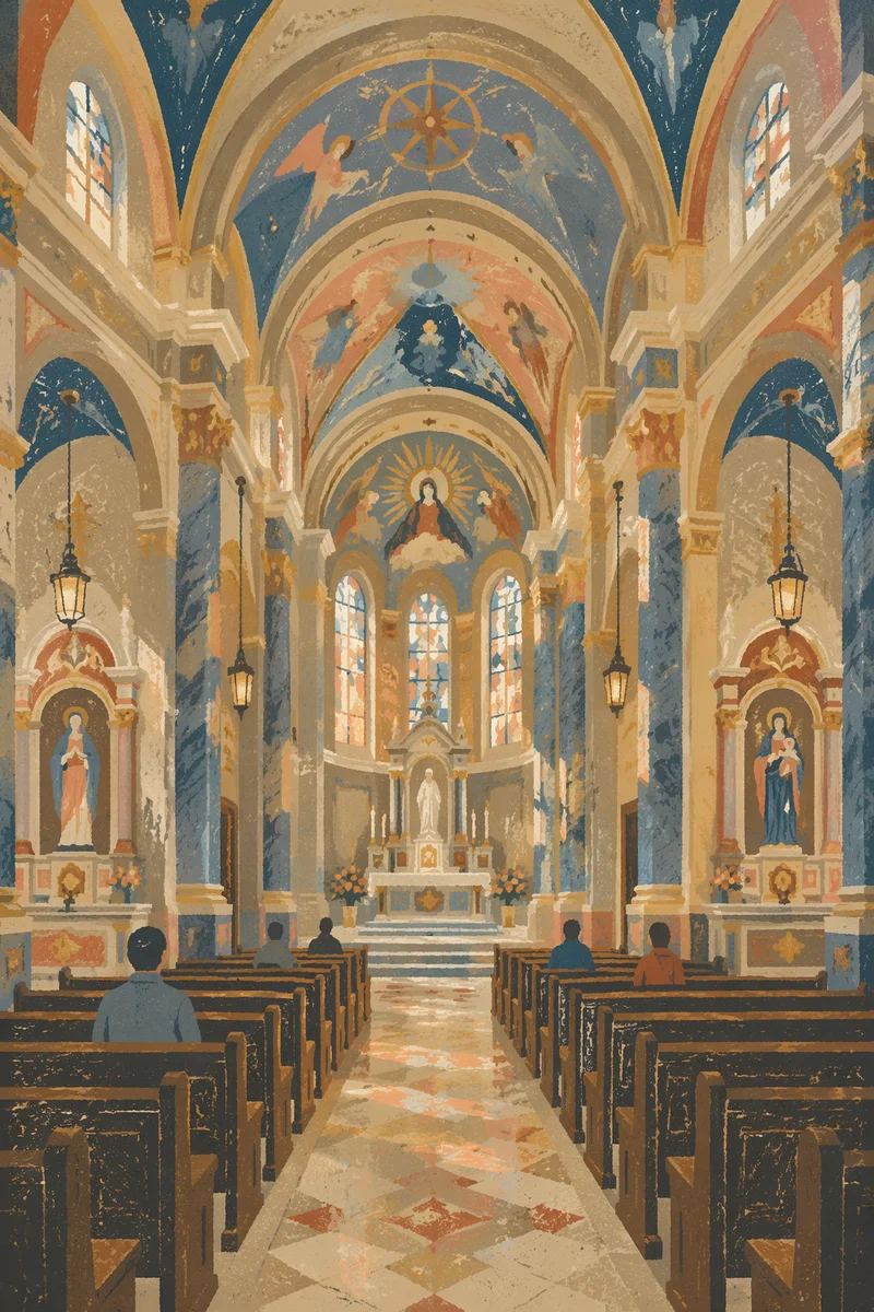 Grand Catholic Basilica Interior With Marble Columns